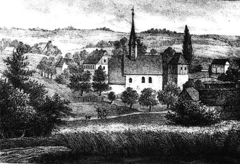 Die alte Lugauer Kirche als Schwarzweiß-Zeichnung