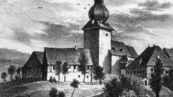 Die alte Erlbacher Kirche als Schwarzweiß-Zeichnung